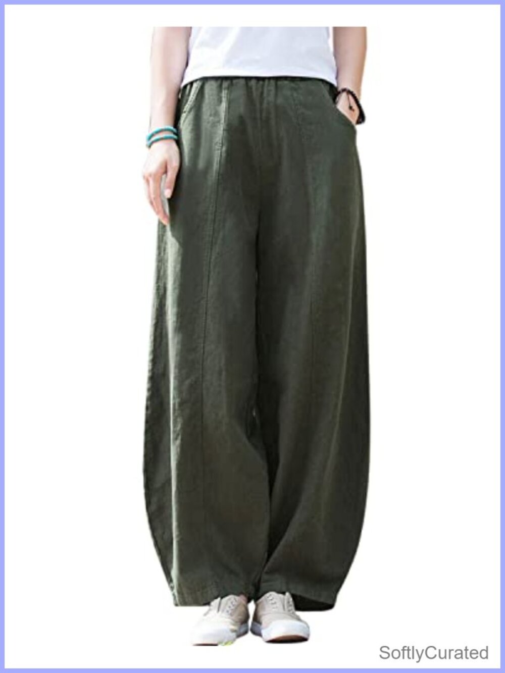 Wide Leg Linen Cotton Palazzo Pants Elastic Waist with Pockets